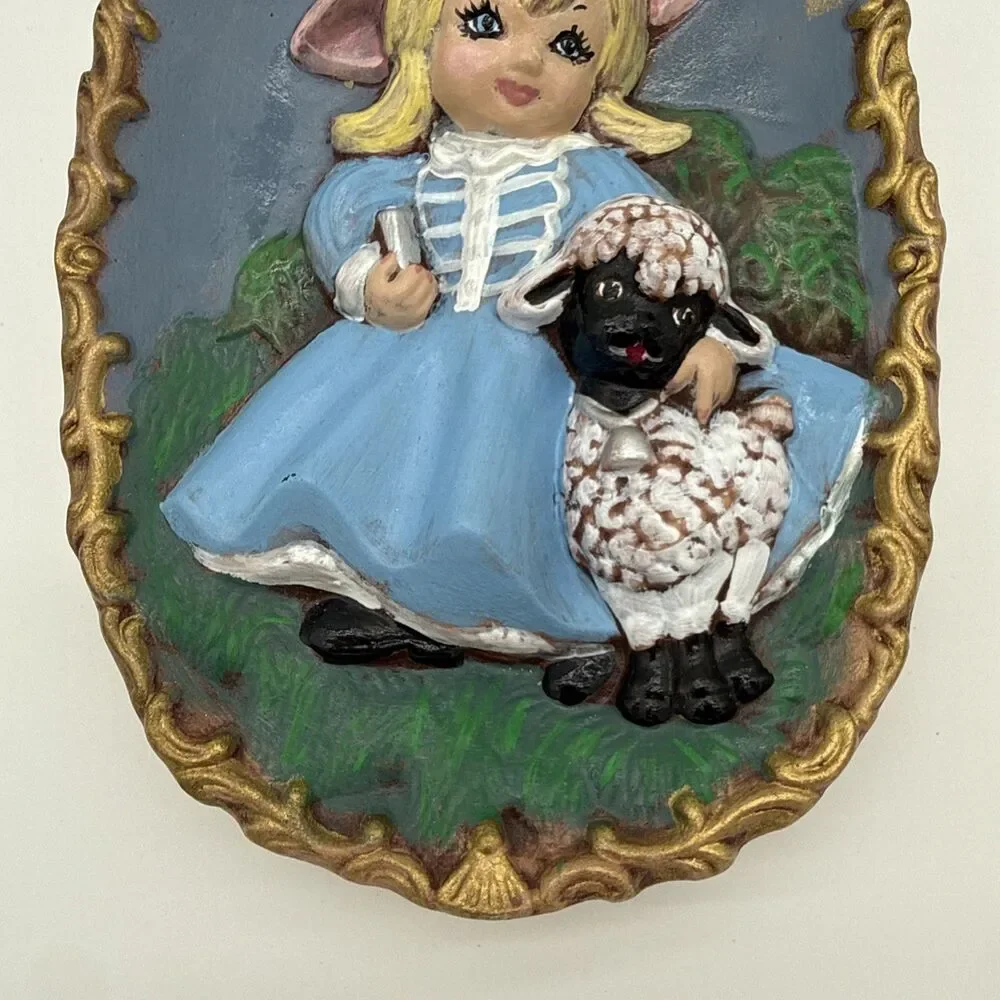 Vintage Little Bo Peep Sheep Ceramic Wall Art Plaque 90s Cottagecore